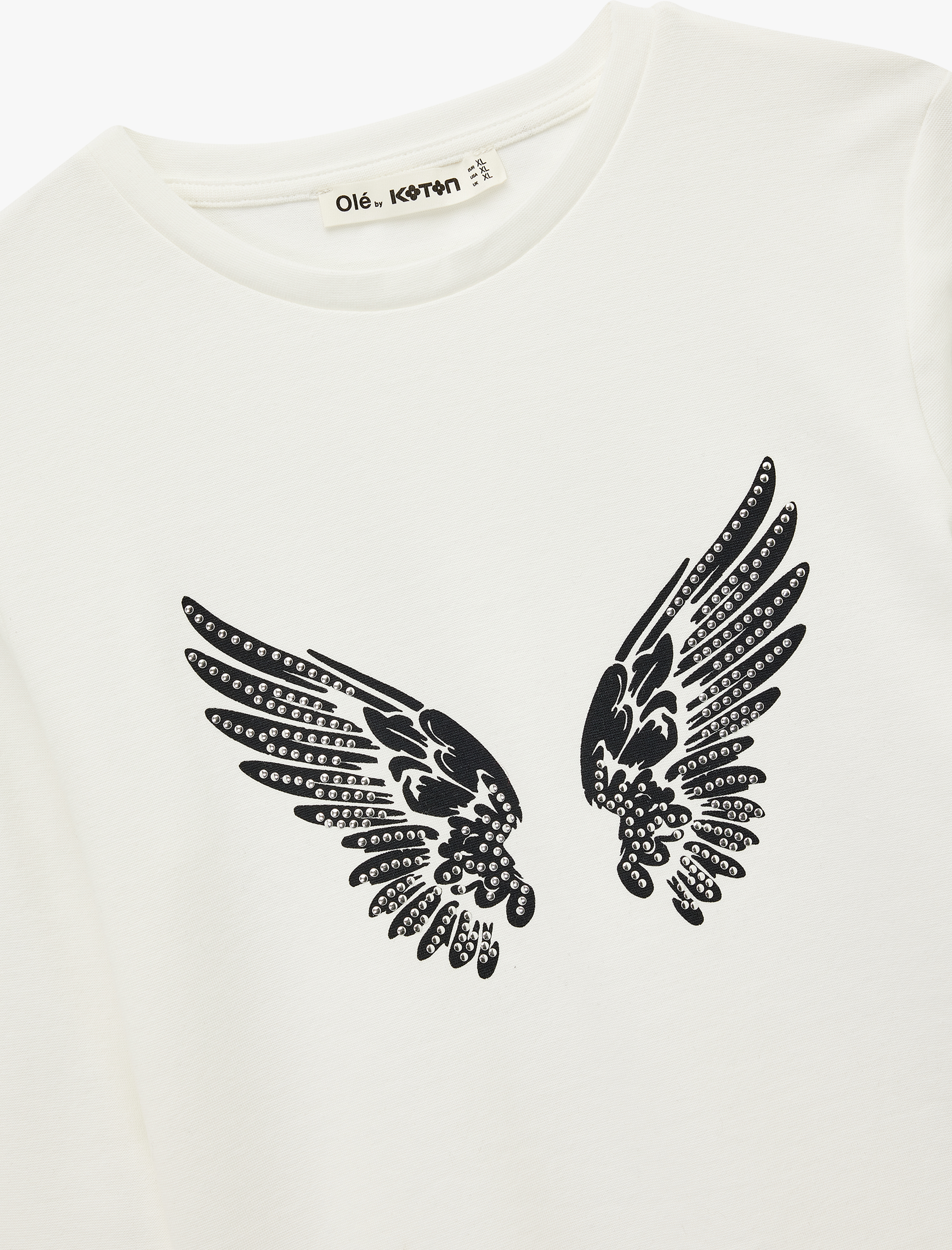   Pamuklu Taş Detaylı Slim Fit Kanat Baskılı Uzun Kollu Tişört