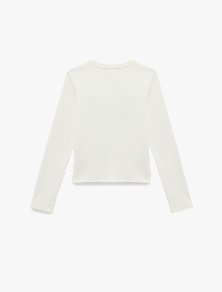  Pamuklu Taş Detaylı Slim Fit Kanat Baskılı Uzun Kollu Tişört