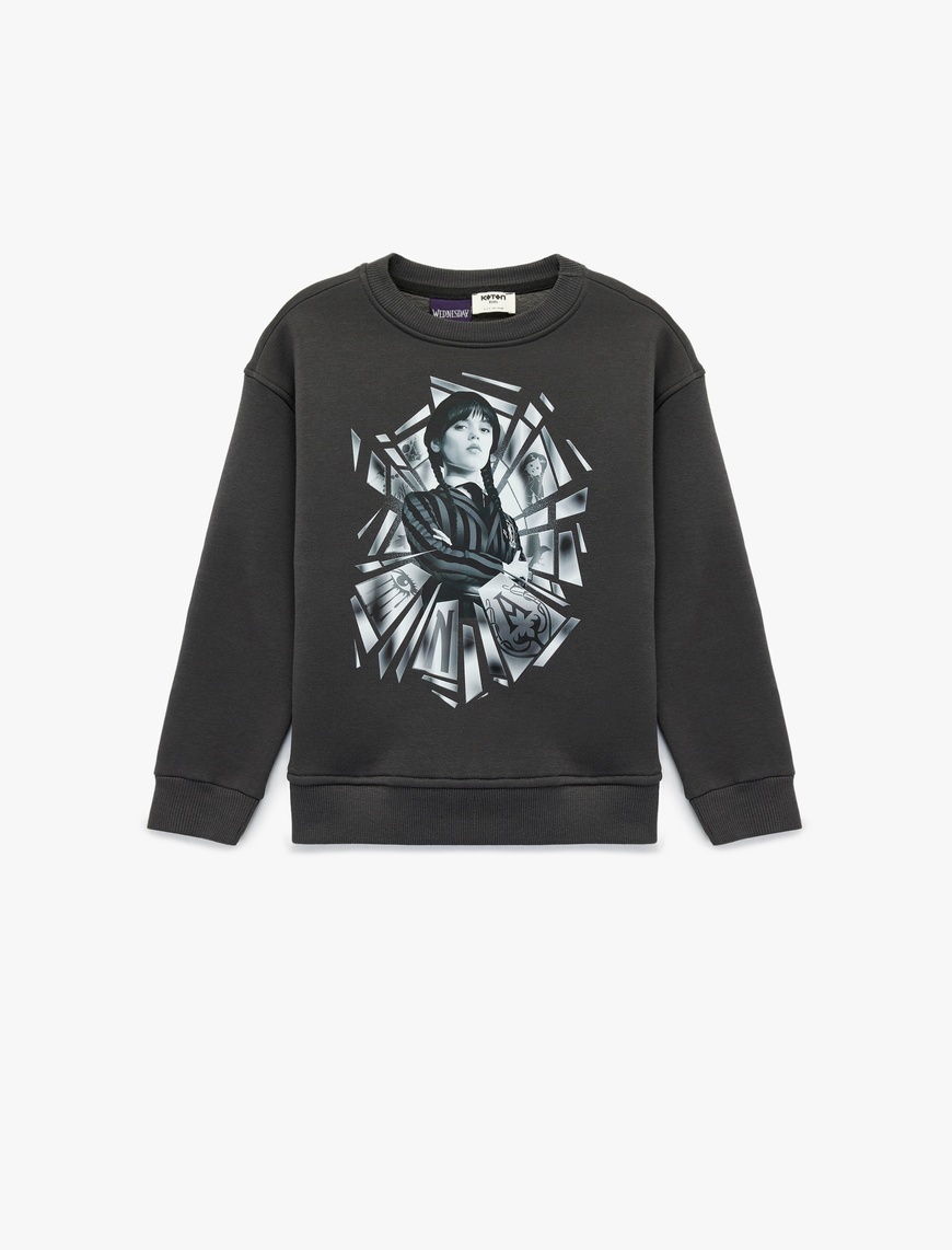 Koton Lisanslı Wednesday Baskılı Uzun Kollu Bisiklet Yaka Şardonlu Oversize Sweatshirt