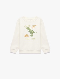 Pamuklu Uzun Kollu Bisiklet Yaka Dinozor Baskılı Sweatshirt