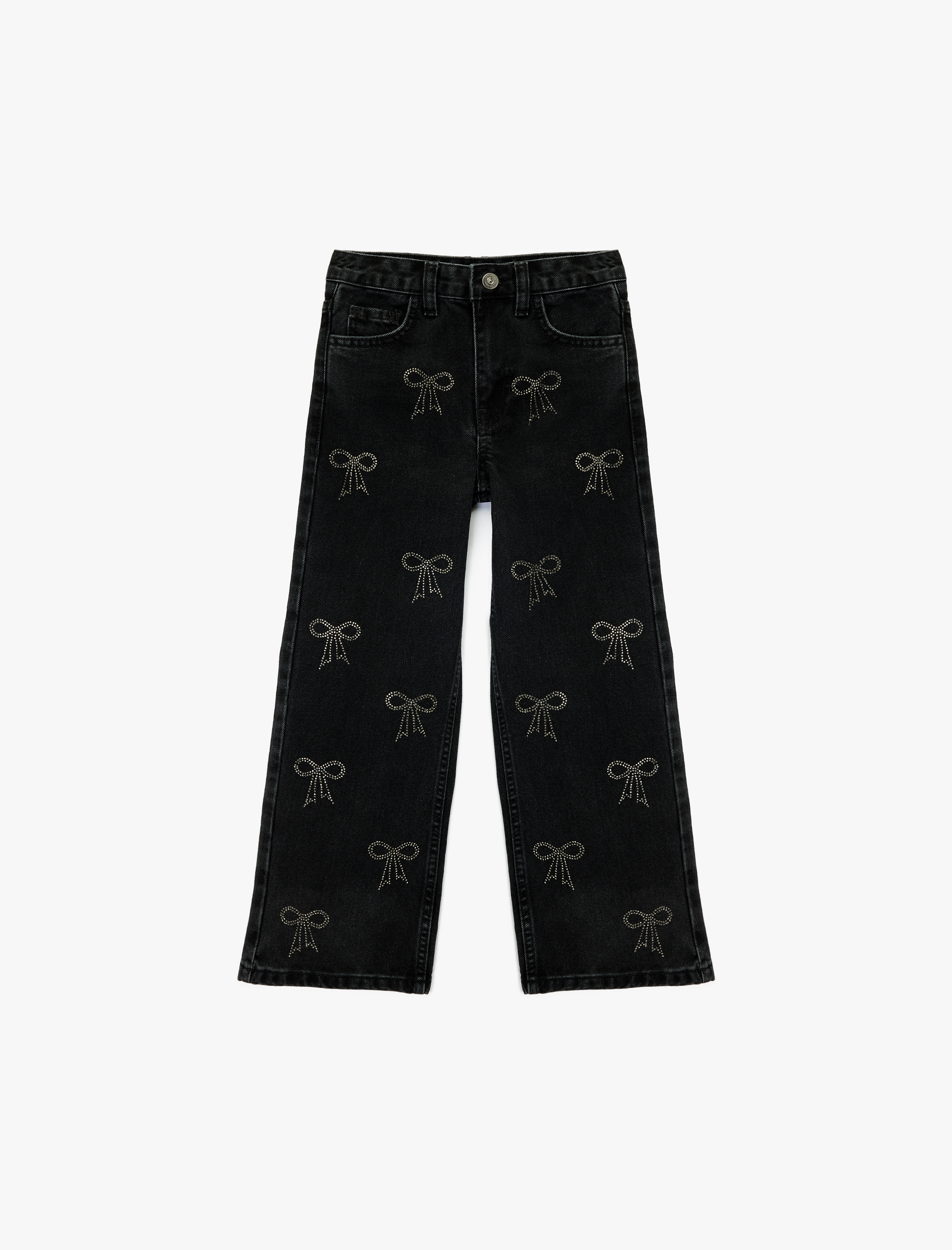  Kız Çocuk Pamuklu Fiyonk Detaylı Geniş Paça Denim Pantolon