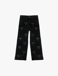 Pamuklu Fiyonk Detaylı Geniş Paça Denim Pantolon