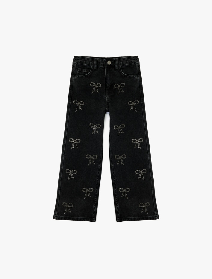 Kız Çocuk Pamuklu Fiyonk Detaylı Geniş Paça Denim Pantolon