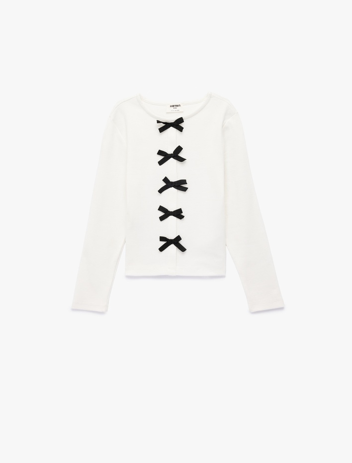 Kız Çocuk Fiyonklu Uzun Kollu Bisiklet Yaka Pamuklu Tişört