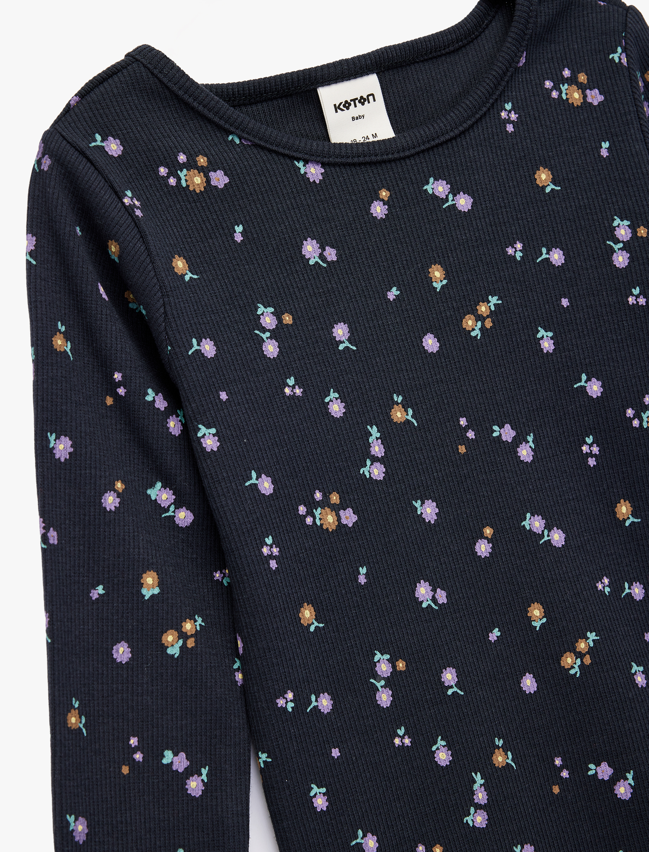  Kız Bebek Pamuklu Bisiklet Yaka Çiçekli Uzun Kollu Tişört