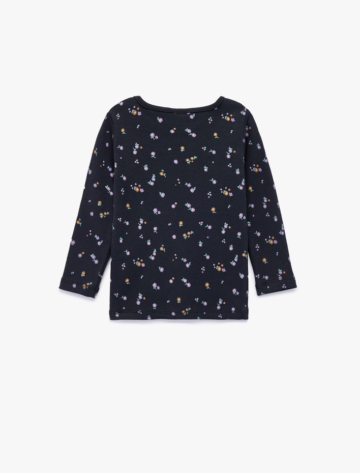 Kız Bebek Pamuklu Bisiklet Yaka Çiçekli Uzun Kollu Tişört