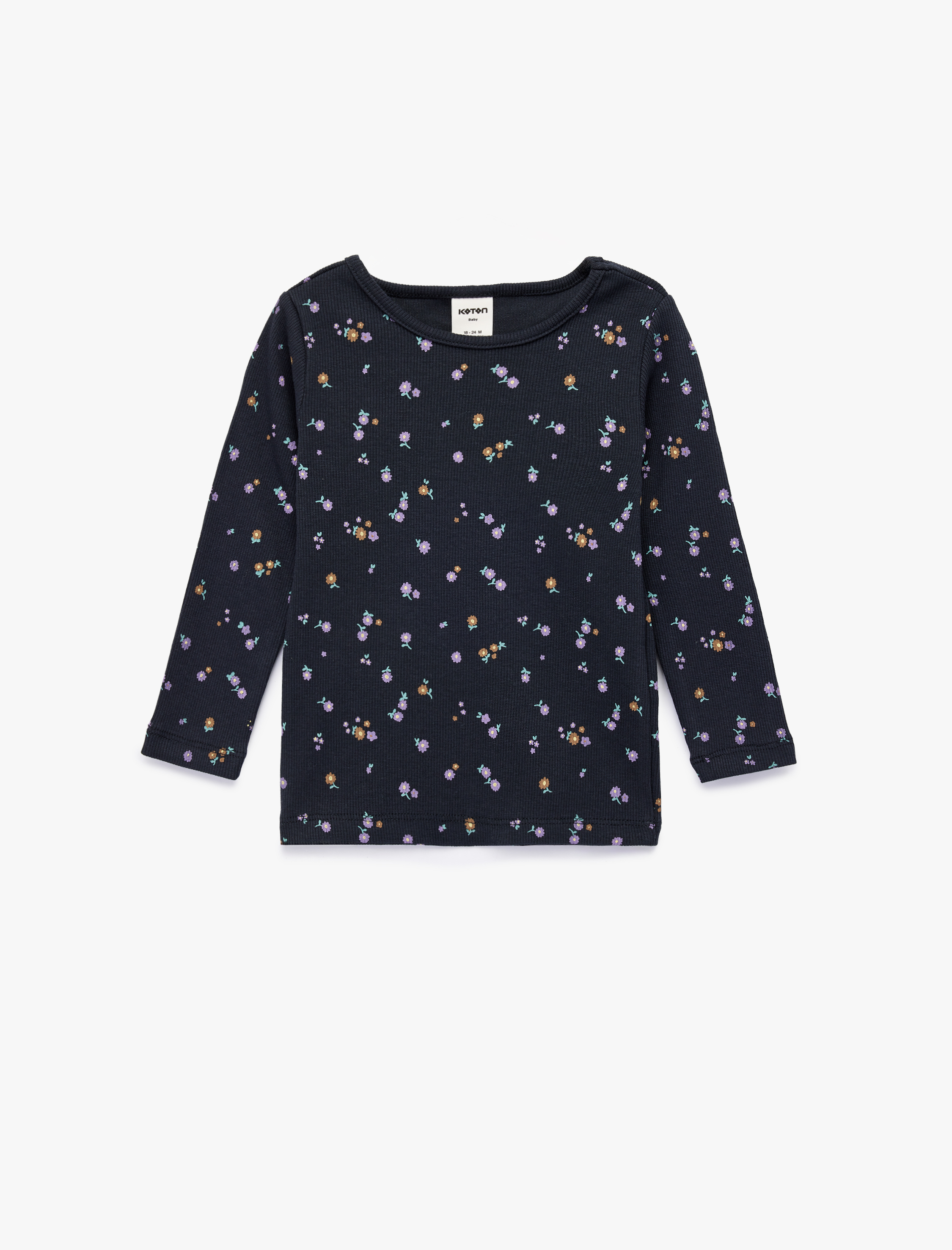  Kız Bebek Pamuklu Bisiklet Yaka Çiçekli Uzun Kollu Tişört