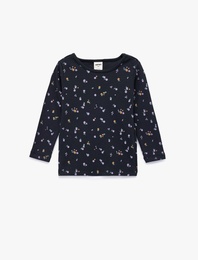 Pamuklu Bisiklet Yaka Çiçekli Uzun Kollu Tişört