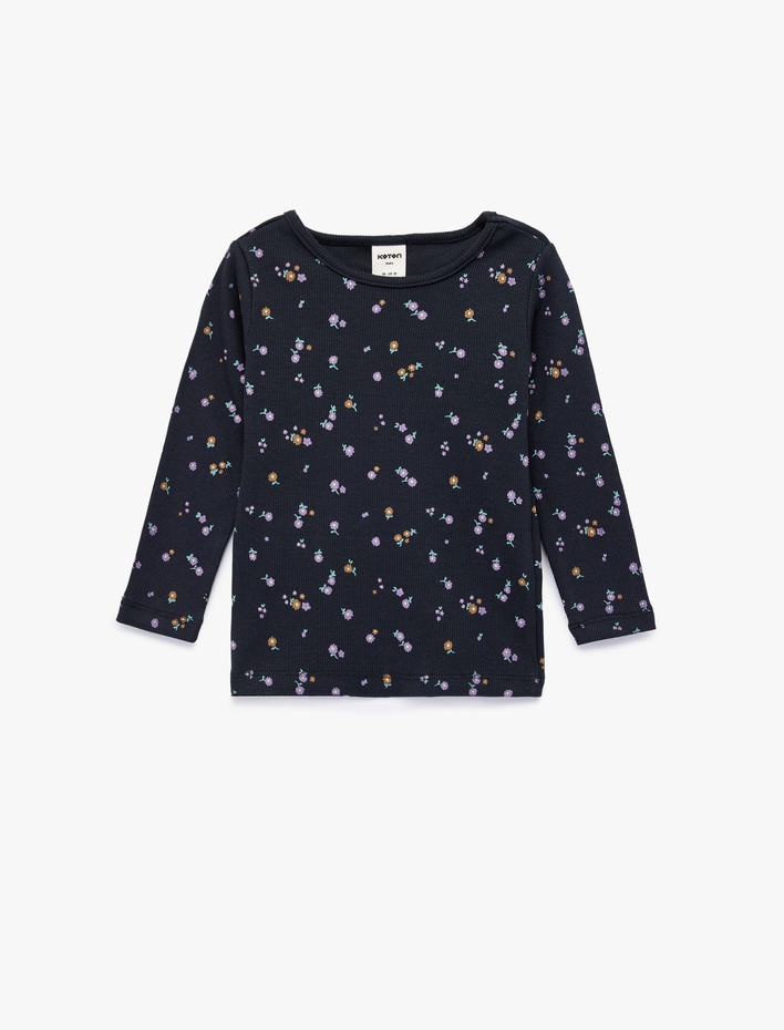 Kız Bebek Pamuklu Bisiklet Yaka Çiçekli Uzun Kollu Tişört