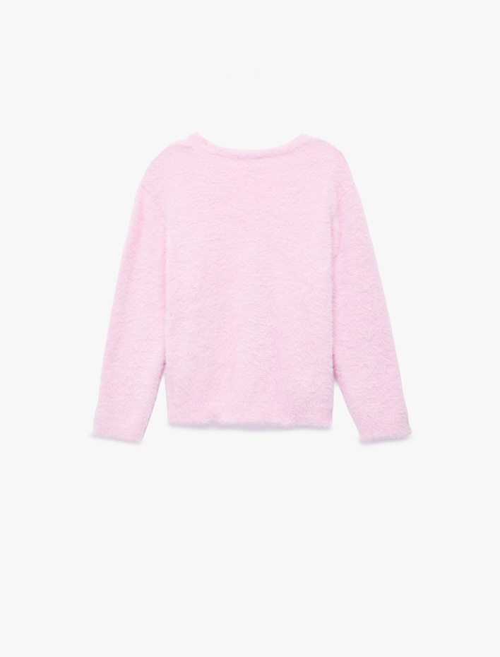 Kız Çocuk Düğmeli Uzun Kollu V Yaka Peluş Triko Hırka