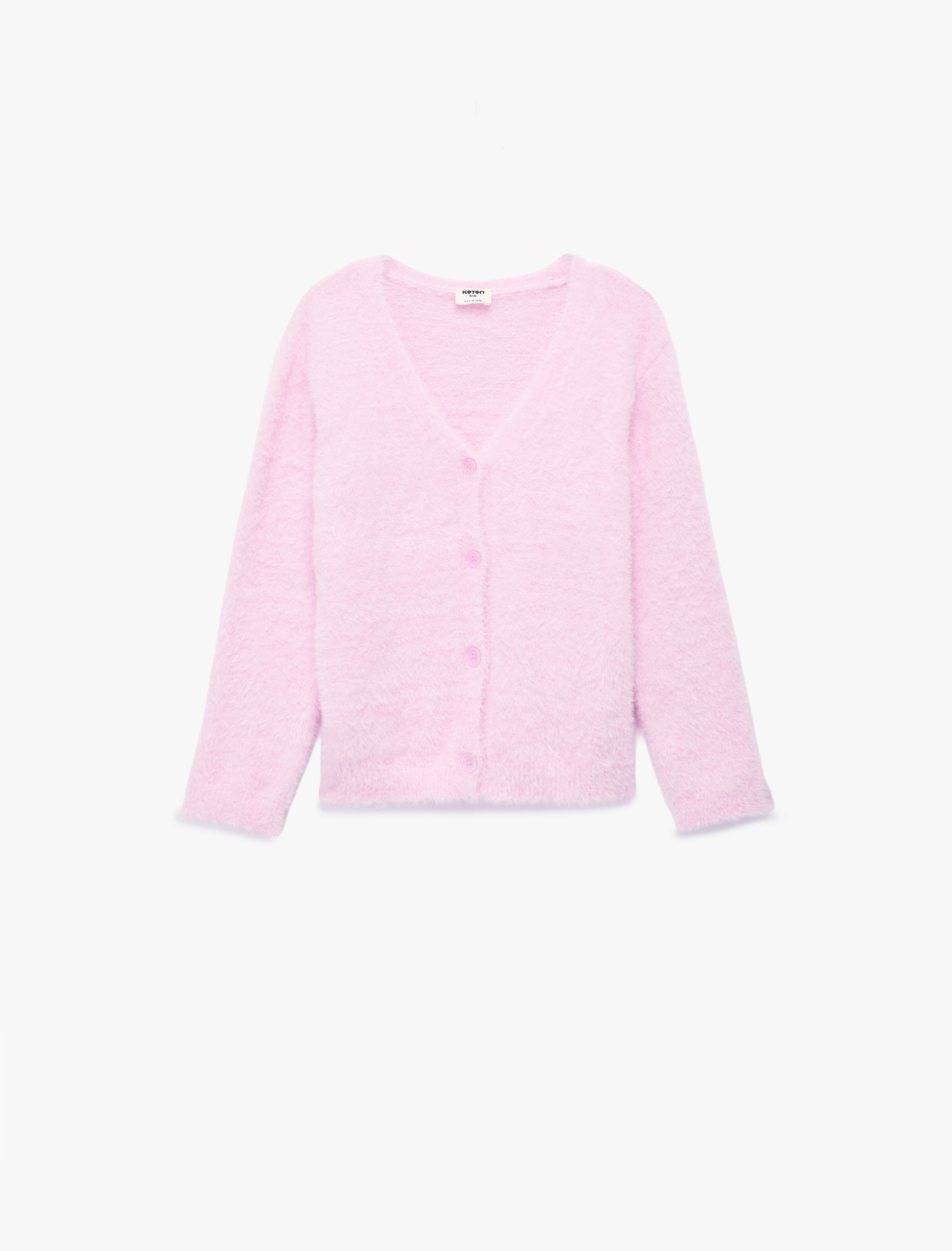  Kız Çocuk Düğmeli Uzun Kollu V Yaka Peluş Triko Hırka