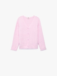 Düğmeli Uzun Kollu V Yaka Peluş Triko Hırka