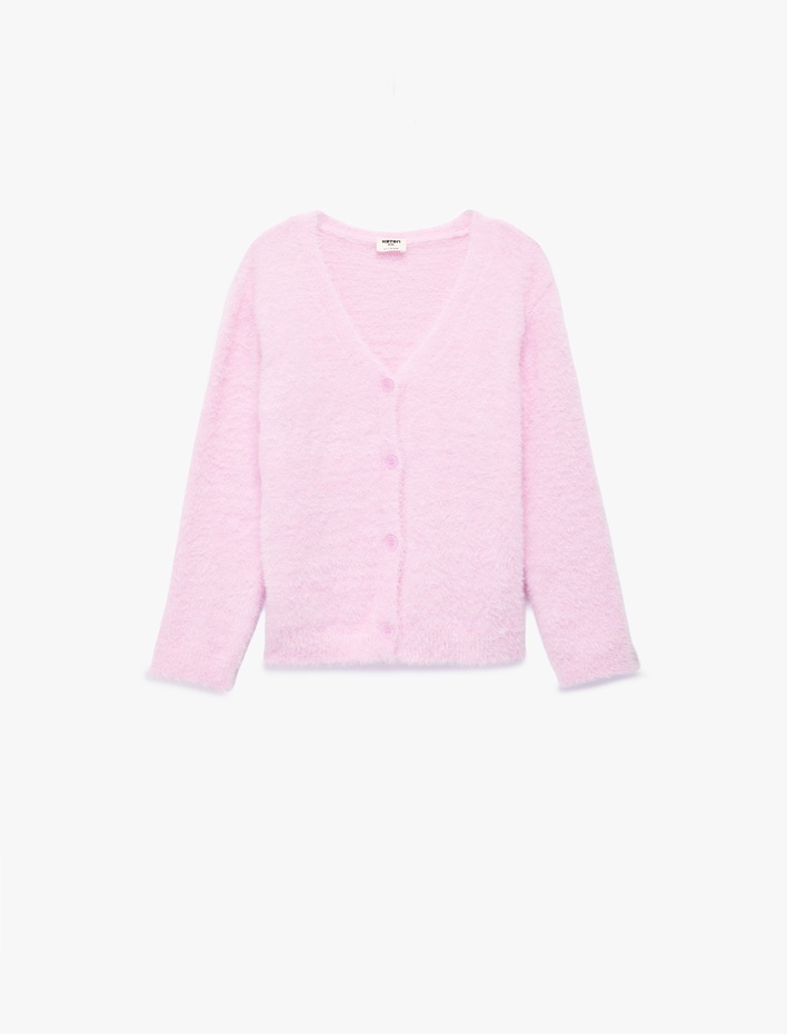 Kız Çocuk Düğmeli Uzun Kollu V Yaka Peluş Triko Hırka