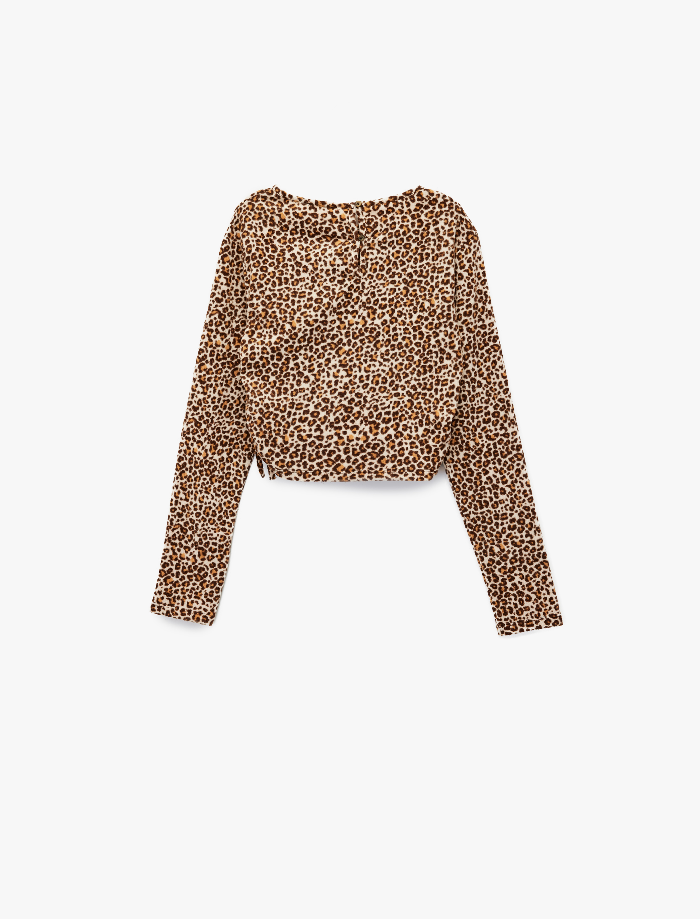  Kız Çocuk Leopar Desenli Uzun Kollu Bisiklet Yaka Crop Bluz