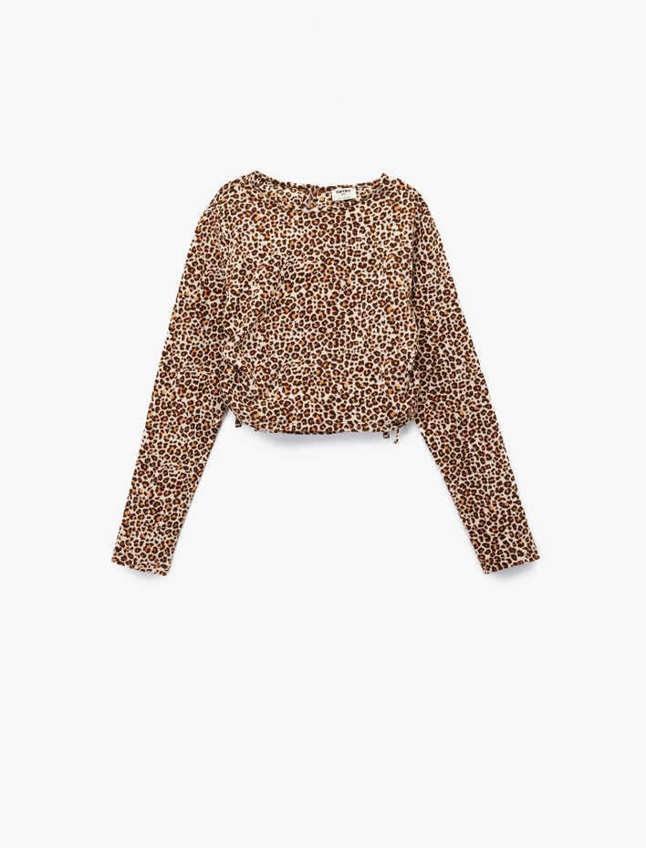 Kız Çocuk Leopar Desenli Uzun Kollu Bisiklet Yaka Crop Bluz