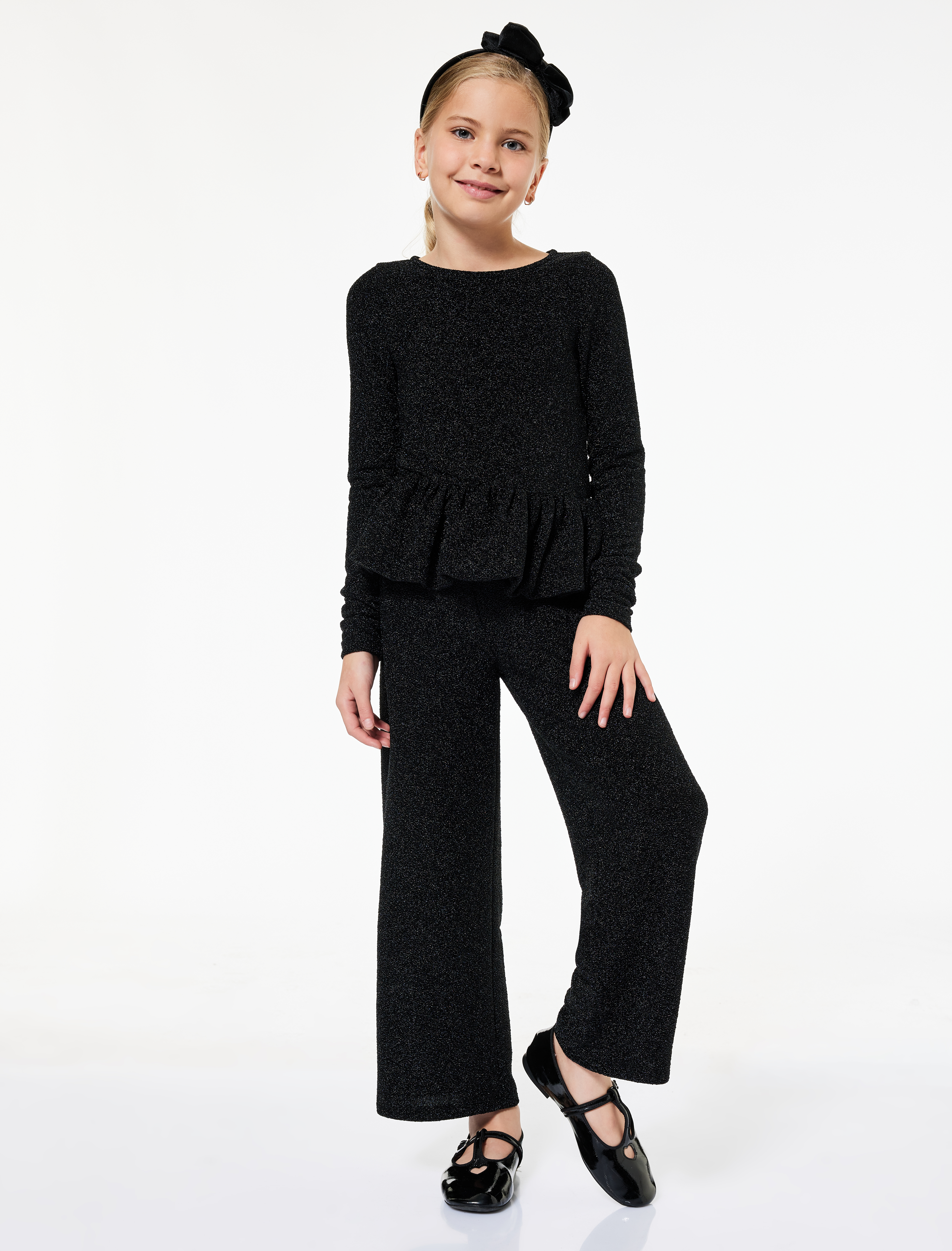  Kız Çocuk Uzun Kollu Bisiklet Yaka Sim Detaylı Fırfırlı Peplum Yılbaşı Bluz