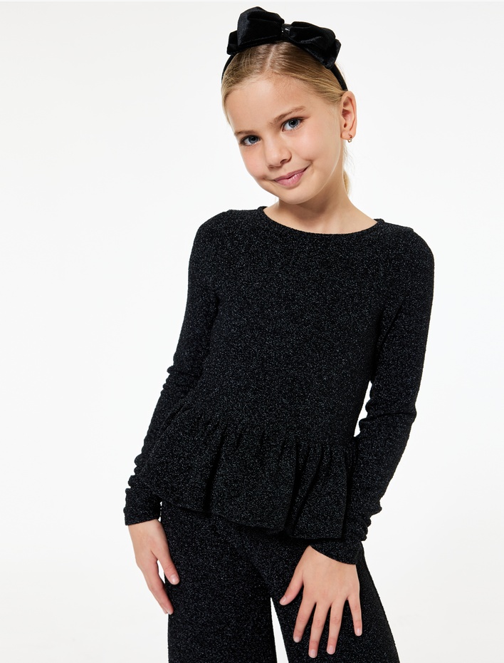 Kız Çocuk Uzun Kollu Bisiklet Yaka Sim Detaylı Fırfırlı Peplum Yılbaşı Bluz