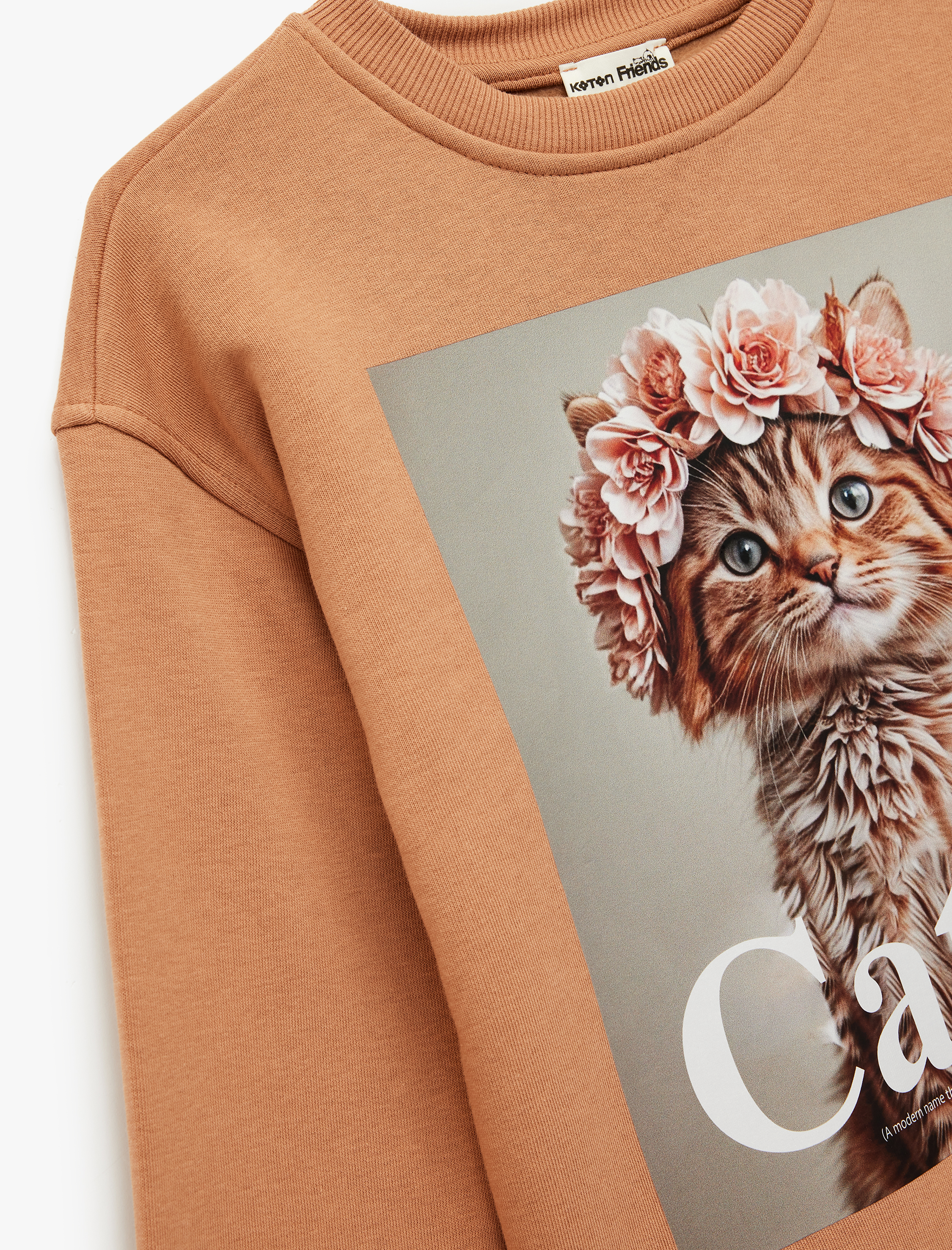  Kız Çocuk Pamuklu Uzun Kollu Bisiklet Yaka Kedi Baskılı Sweatshirt