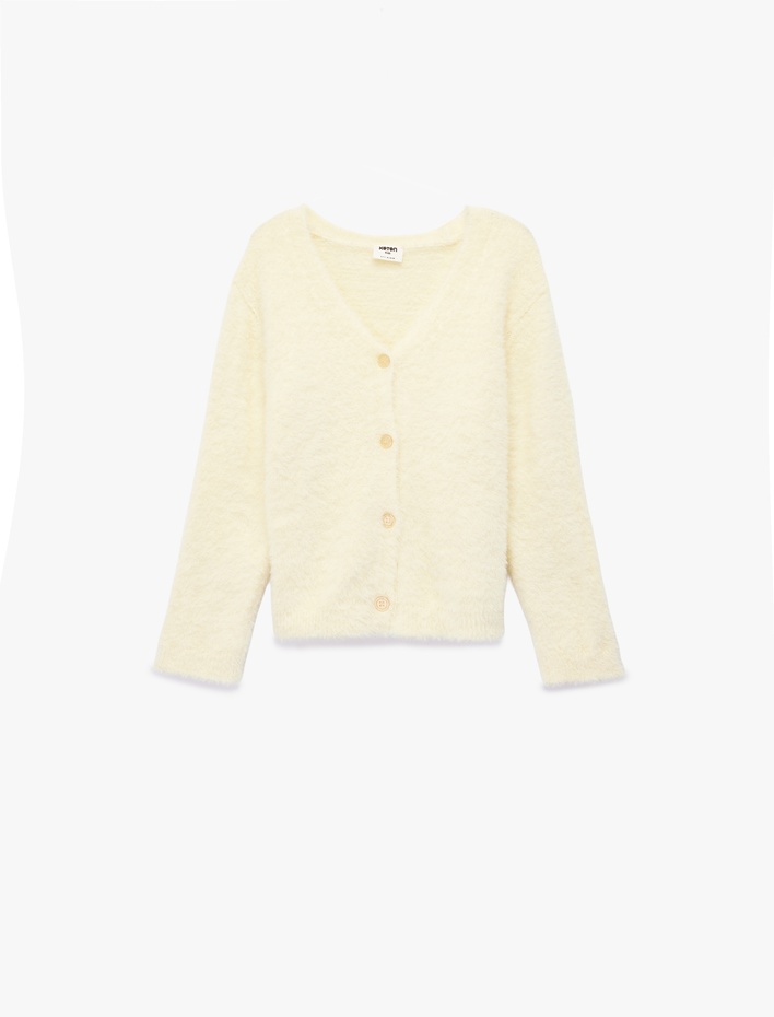 Kız Çocuk Düğmeli Uzun Kollu V Yaka Peluş Triko Hırka