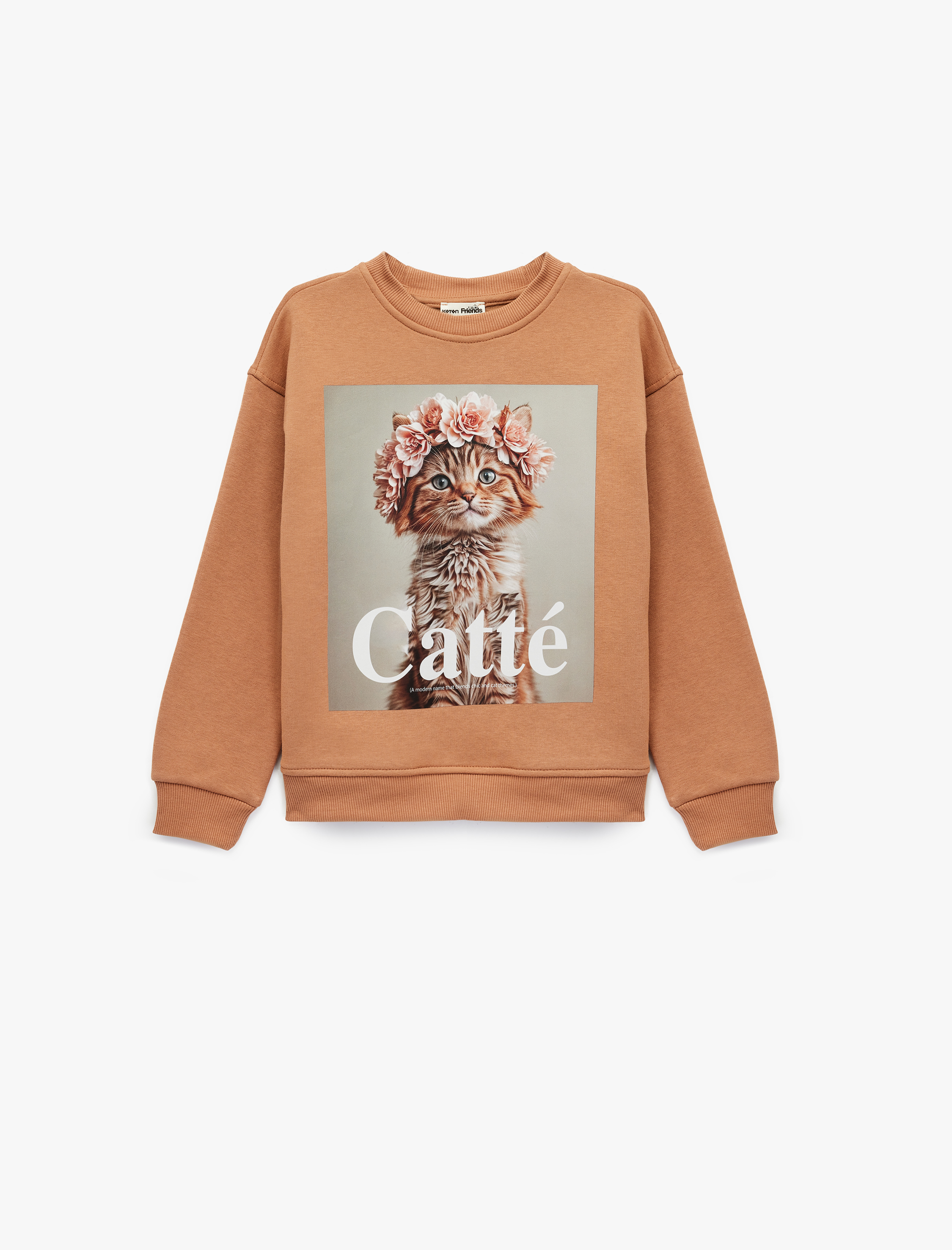  Kız Çocuk Pamuklu Uzun Kollu Bisiklet Yaka Kedi Baskılı Sweatshirt