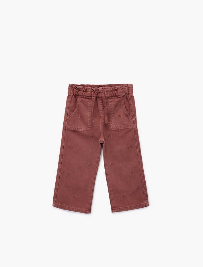 Kız Bebek Pamuklu Loose Fit Beli Bağcıklı Cepli Denim Pantolon