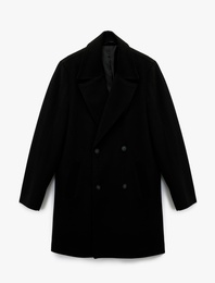 Uzun Kollu Cepli Düğmeli Kruvaze Yaka Uzun Kaşe Kaban