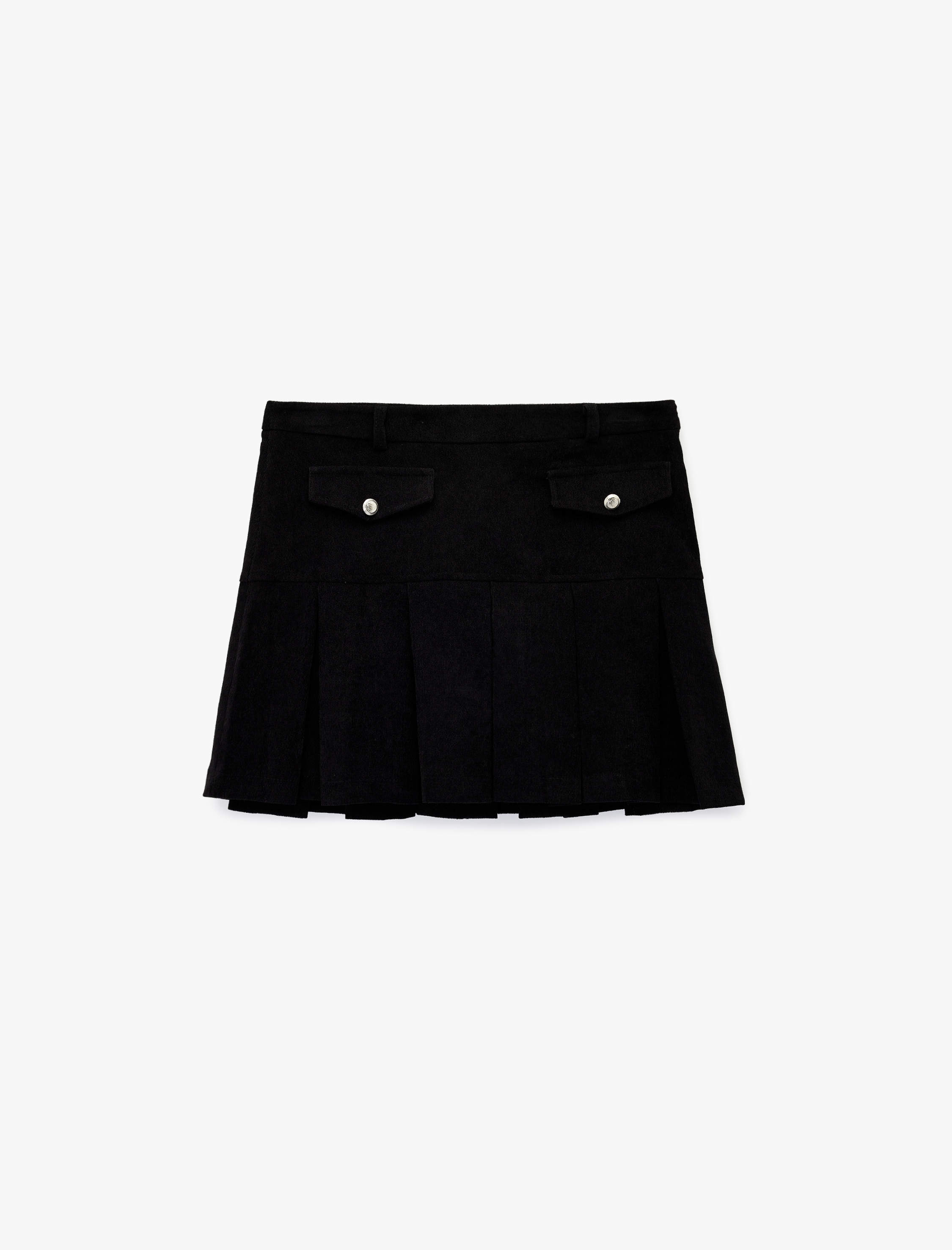   Metal Aksesuarlı Cep Detaylı Kalın Piliseli Mini Etek