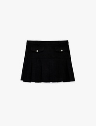 Metal Aksesuarlı Cep Detaylı Kalın Piliseli Mini Etek