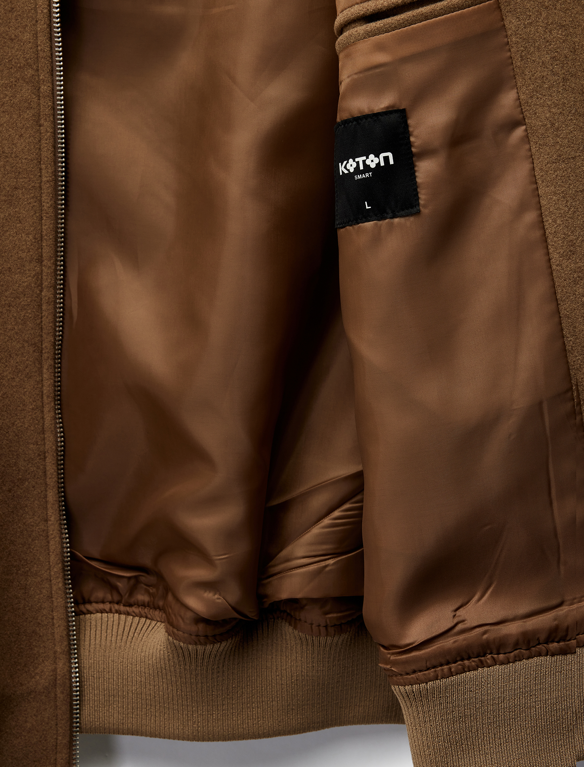   Uzun Kollu Cepli Fermuarlı Gömlek Yaka Kaşe Bomber Ceket