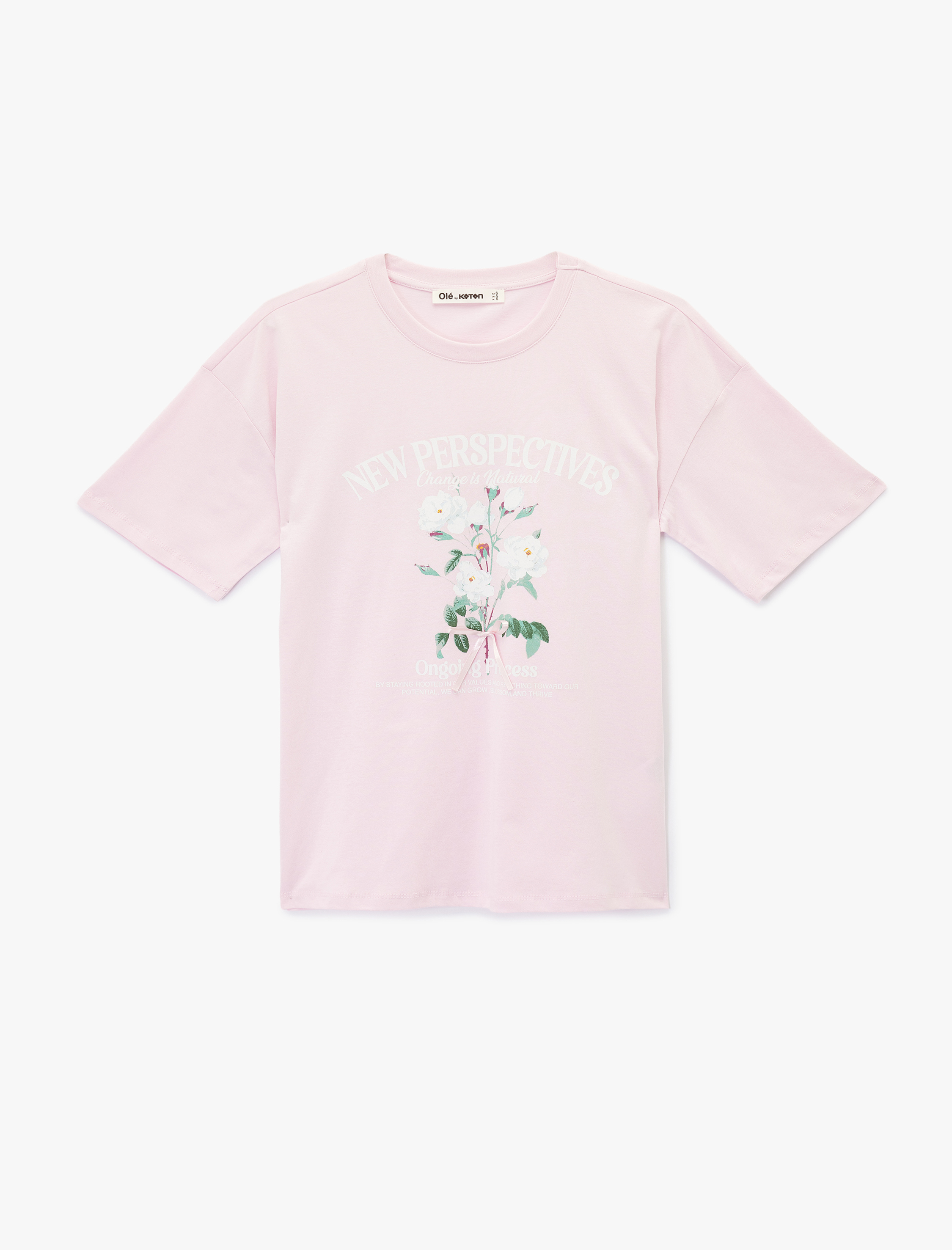   Kısa Kollu Bisiklet Yaka Pamuklu Çiçek Baskılı Oversize Tişört