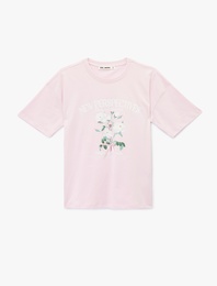 Kısa Kollu Bisiklet Yaka Pamuklu Çiçek Baskılı Oversize Tişört