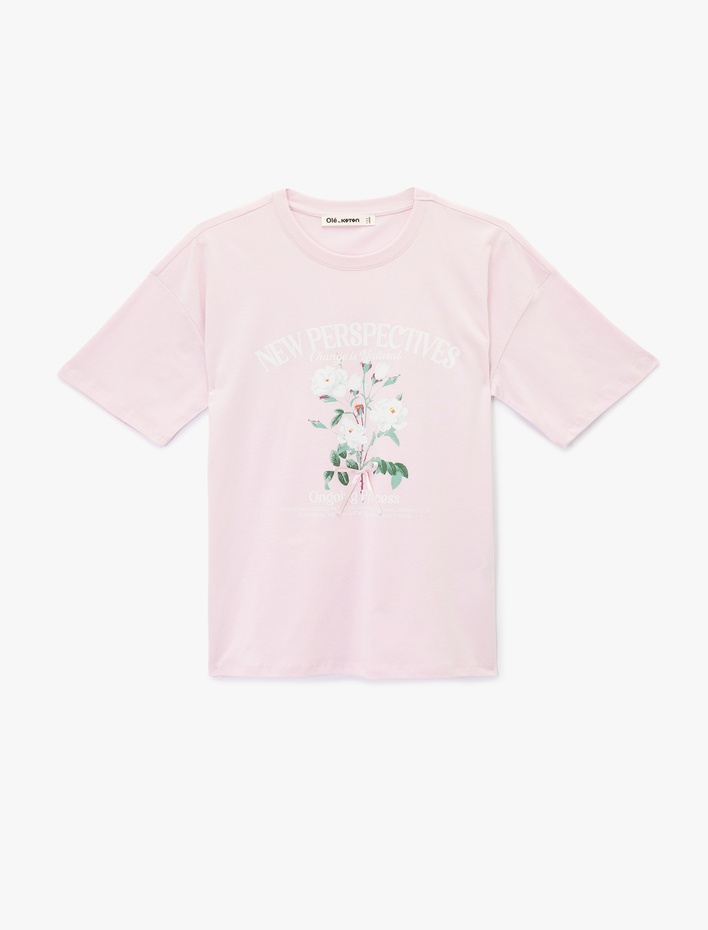  Kısa Kollu Bisiklet Yaka Pamuklu Çiçek Baskılı Oversize Tişört