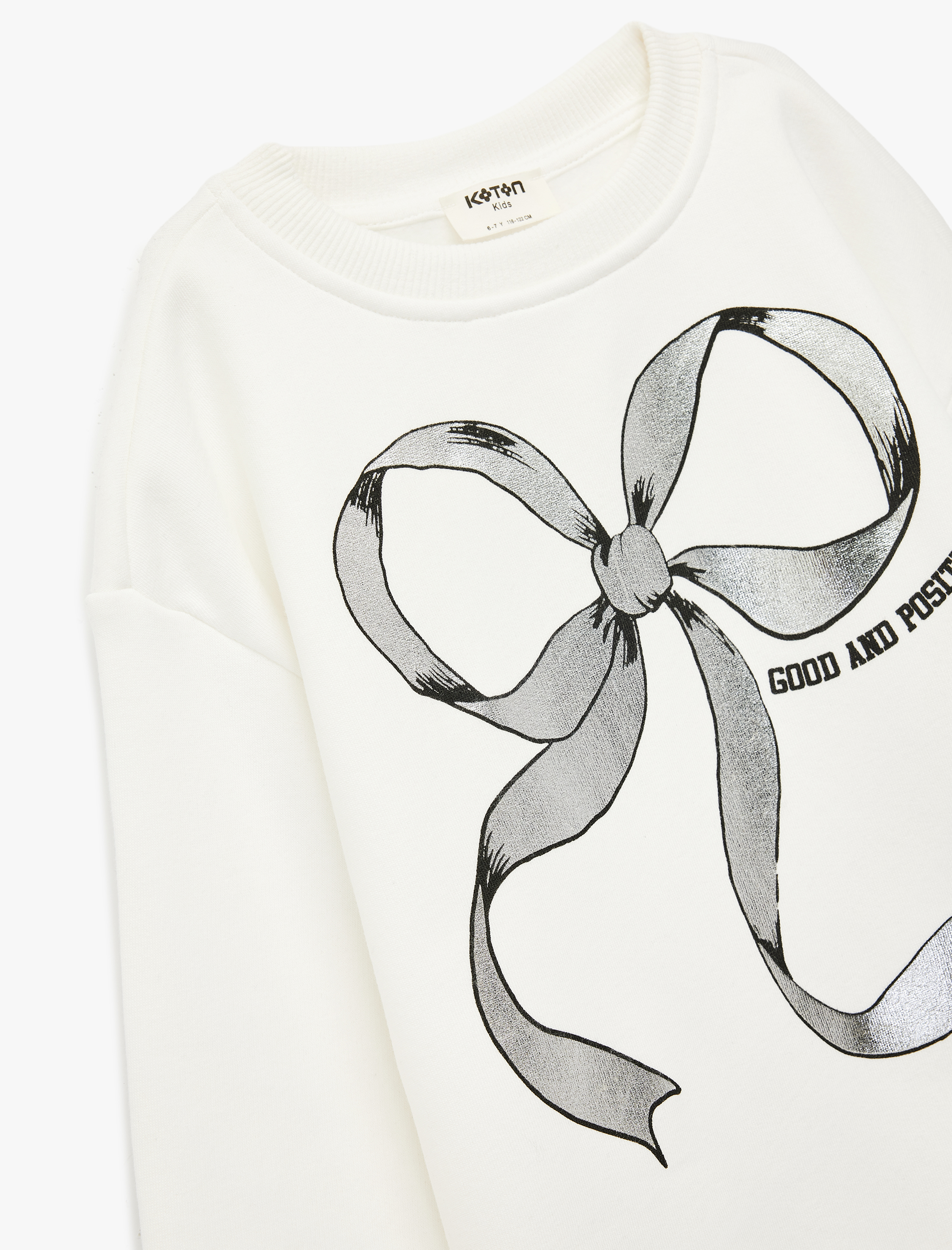  Kız Çocuk Bisiklet Yaka Uzun Kollu Fiyonk Baskılı Şardonlu Sweatshirt