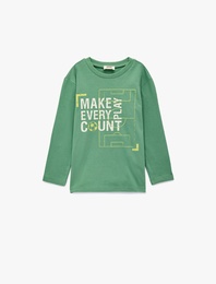 Uzun Kollu Bisiklet Yaka Baskılı Pamuklu Tişört