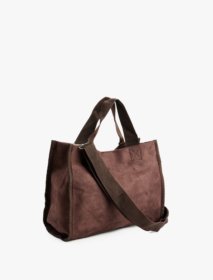 Kadın Etiket Detaylı Saplı Askılı Suni Süet Tote Çanta