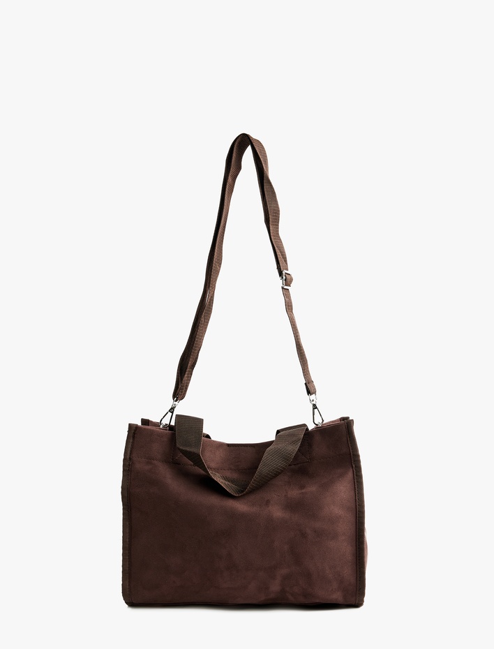 Kadın Etiket Detaylı Saplı Askılı Suni Süet Tote Çanta