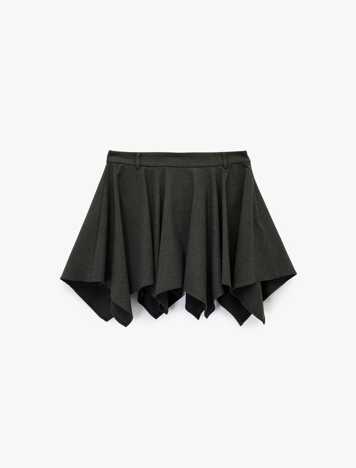  Viskon Karışımlı Volanlı Asimetrik Kesim Mini Etek