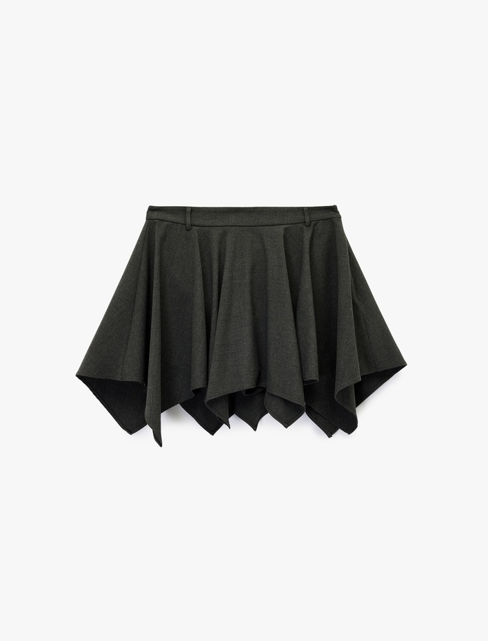  Viskon Karışımlı Volanlı Asimetrik Kesim Mini Etek