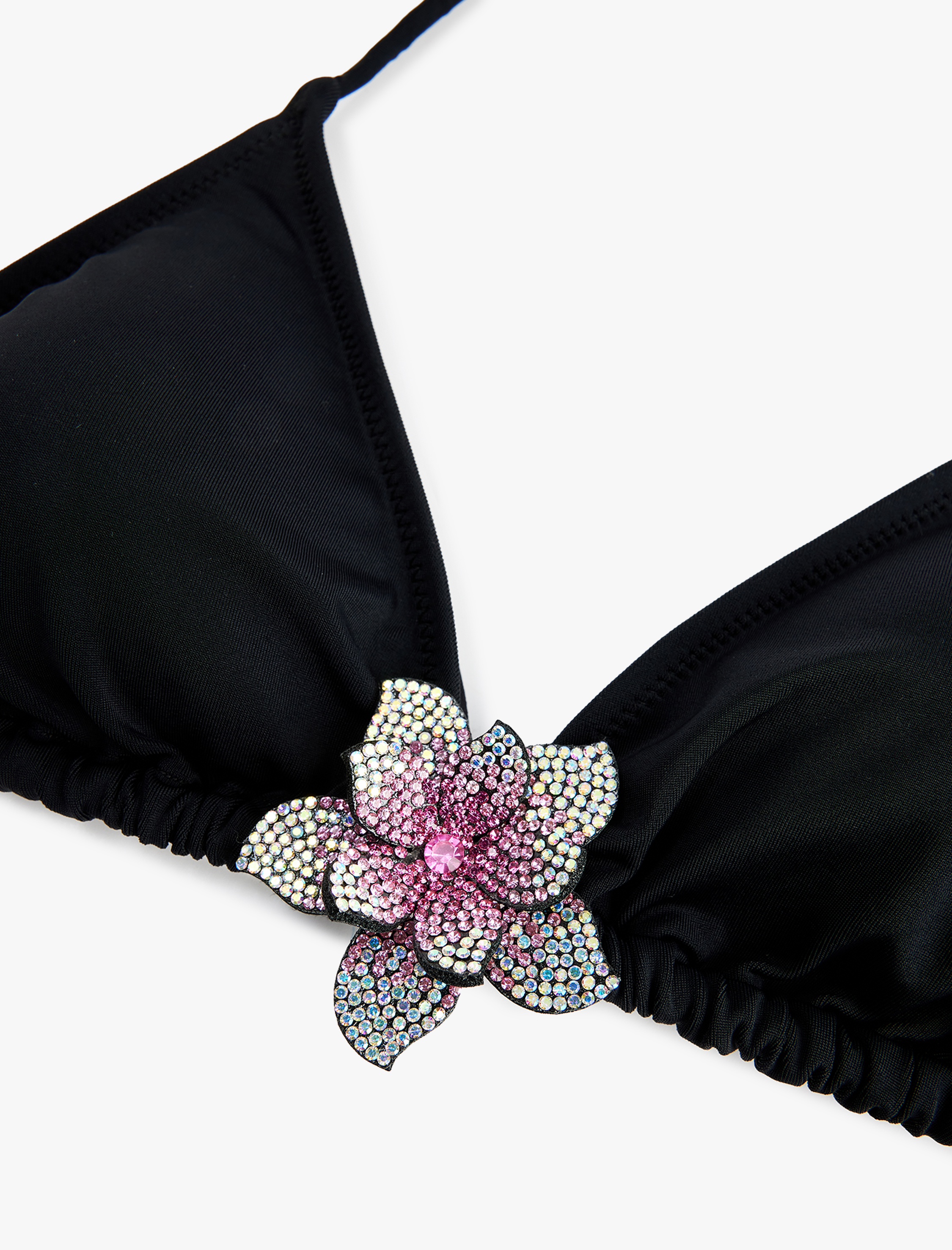   Taşlı Çiçek Aksesuar Detaylı Üçgen Bikini Üstü