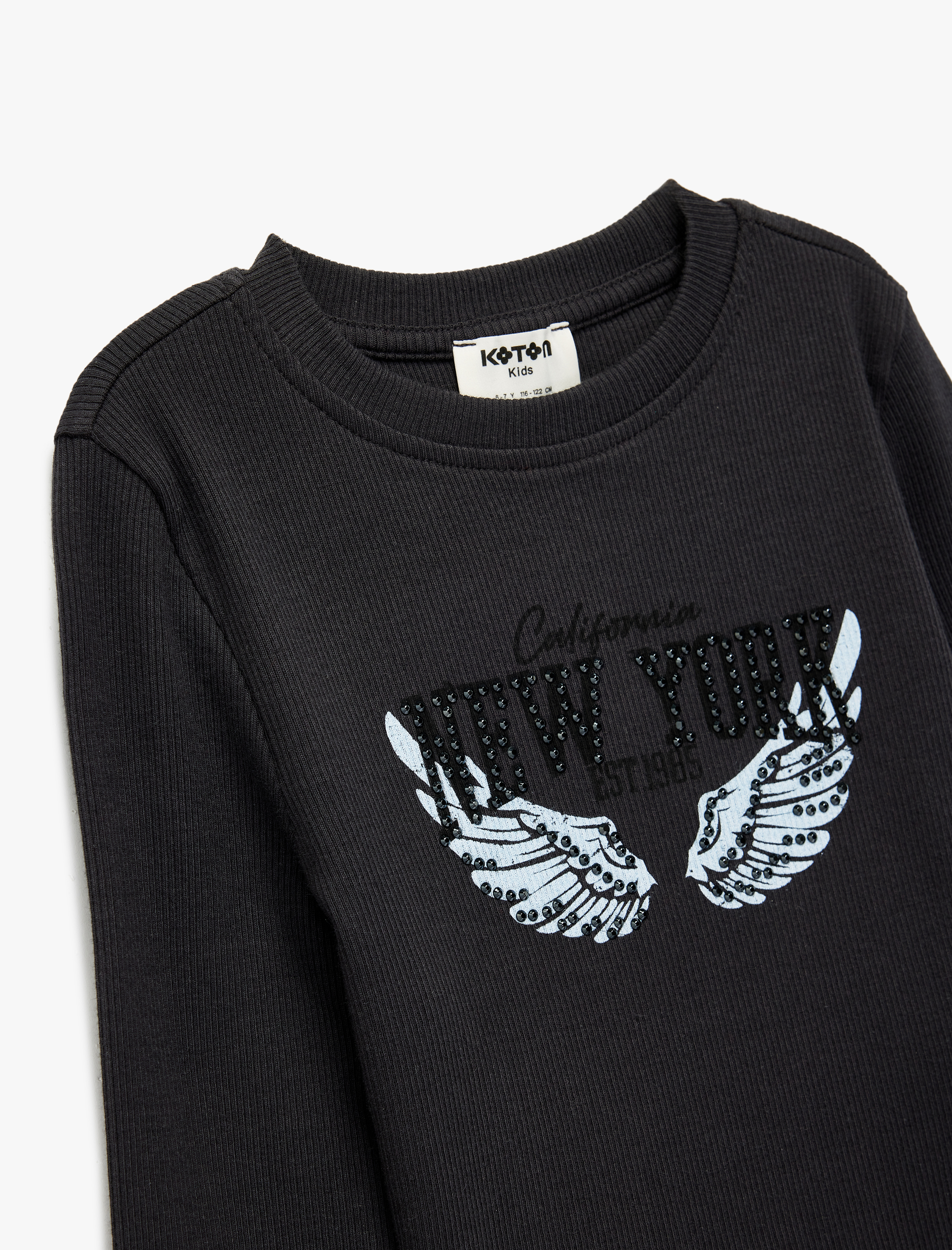  Kız Çocuk Uzun Kollu Taş Detaylı Bisiklet Yaka Baskılı Tişört