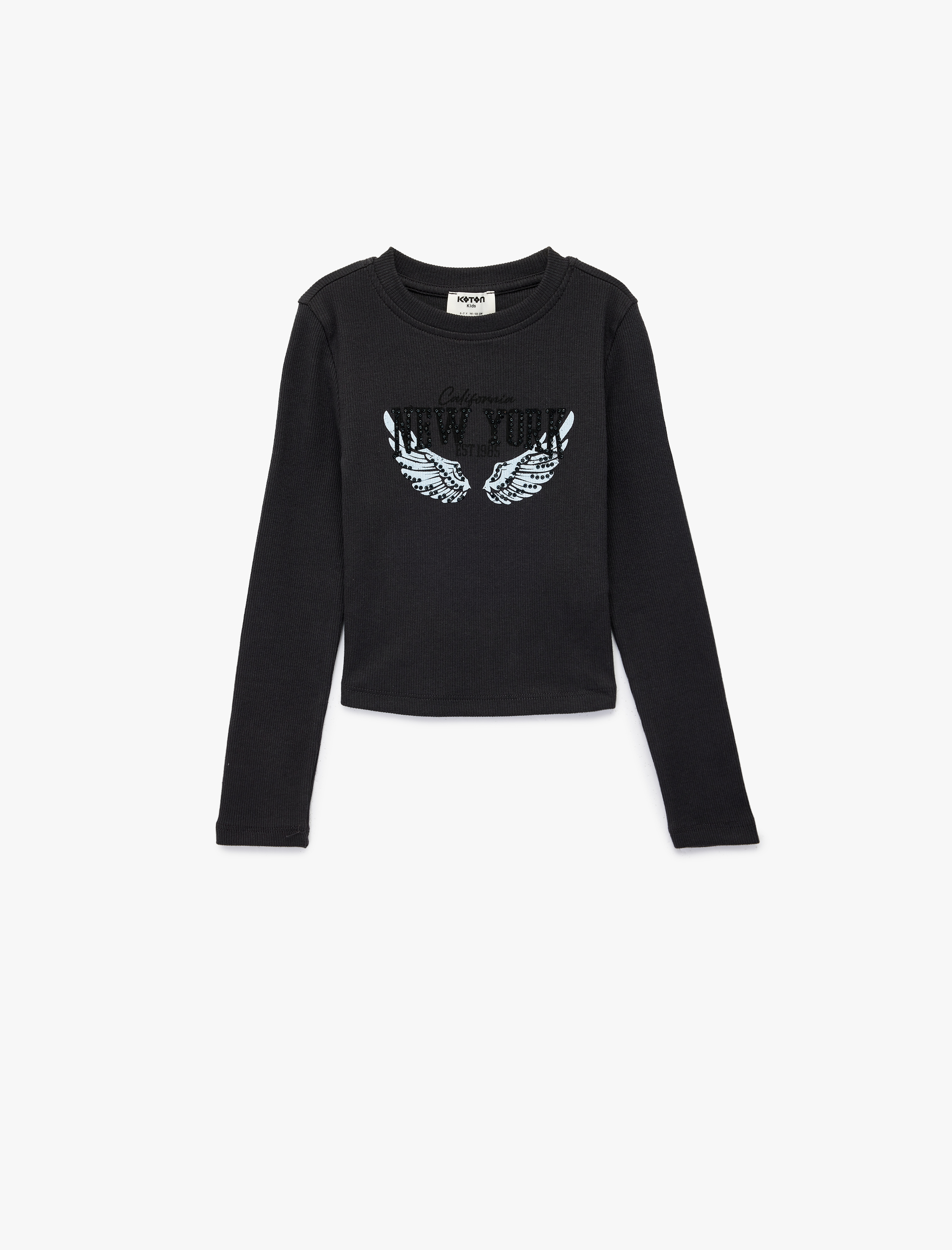  Kız Çocuk Uzun Kollu Taş Detaylı Bisiklet Yaka Baskılı Tişört