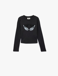 Uzun Kollu Taş Detaylı Bisiklet Yaka Baskılı Tişört