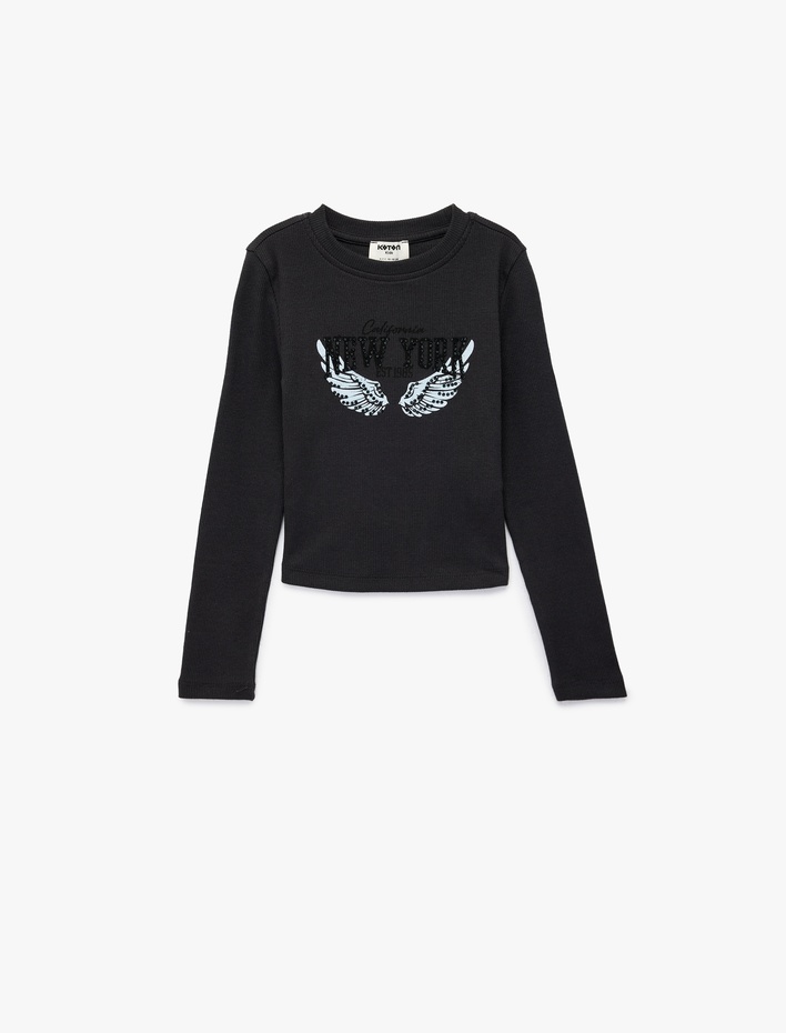 Kız Çocuk Uzun Kollu Taş Detaylı Bisiklet Yaka Baskılı Tişört