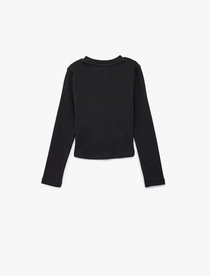 Kız Çocuk Uzun Kollu Taş Detaylı Bisiklet Yaka Baskılı Tişört