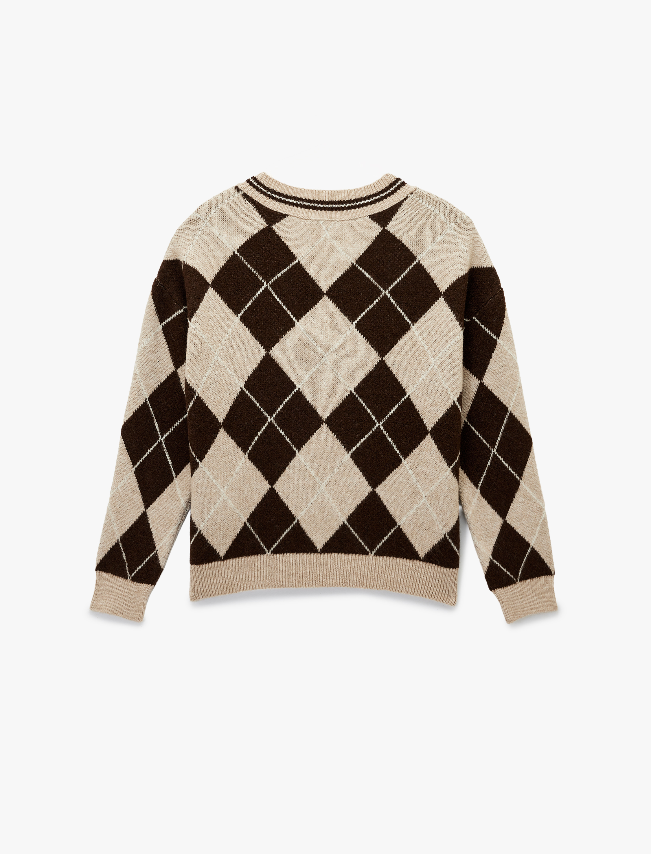   Uzun Kollu V Yaka Baklava Desenli Triko Kazak