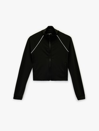 Dik Yaka Uzun Kollu Biyeli Fermuarlı Spor Sweatshirt