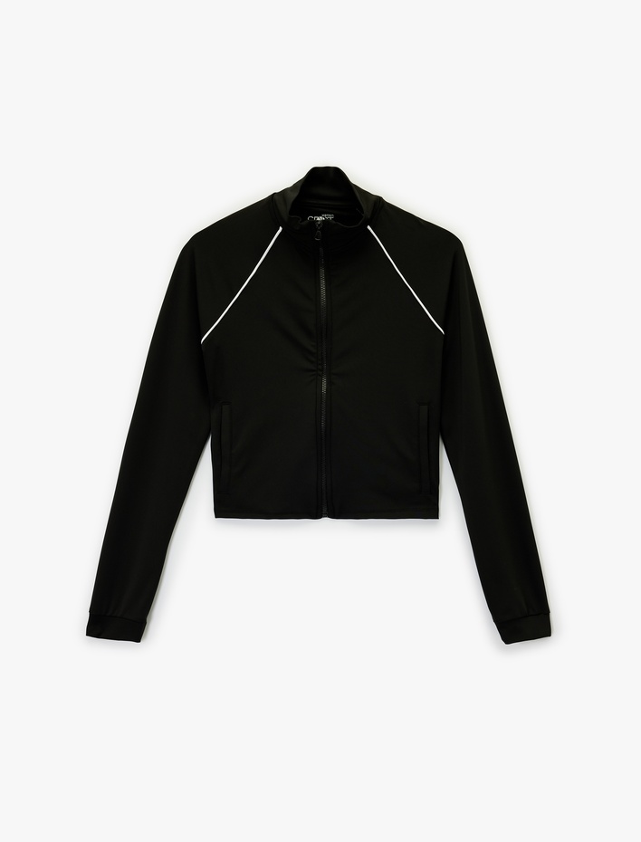  Dik Yaka Uzun Kollu Biyeli Fermuarlı Spor Sweatshirt