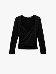 Uzun Kollu Slim Fit Kruvaze V Yaka Saten Bluz