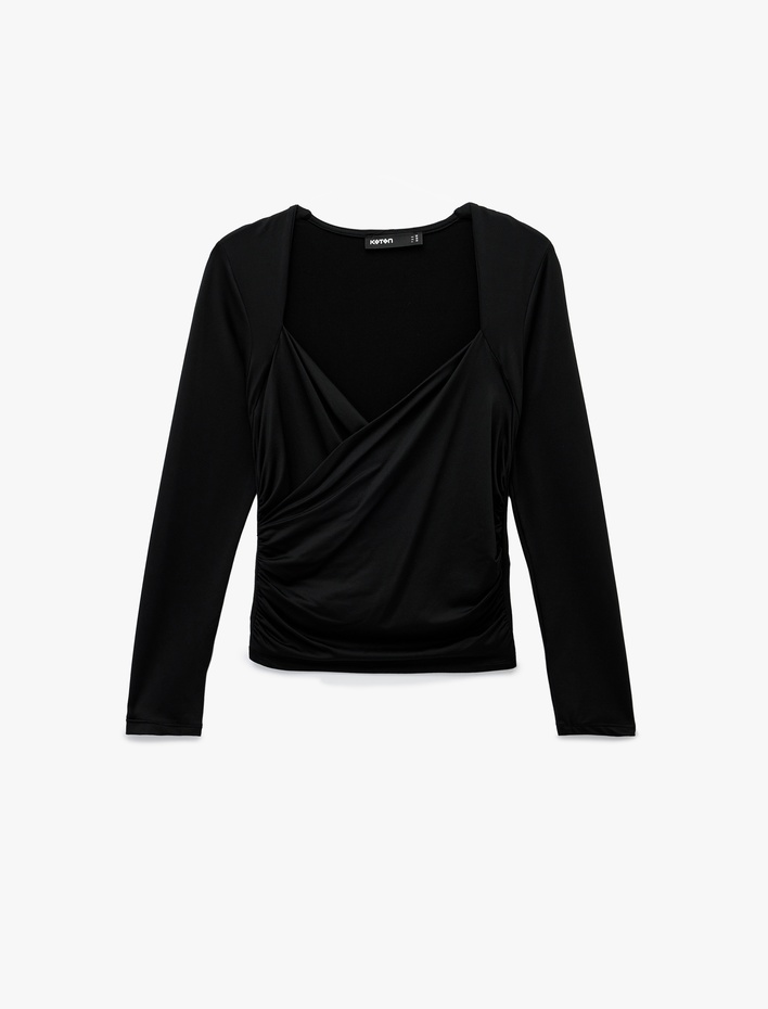  Uzun Kollu Slim Fit Kruvaze V Yaka Saten Bluz