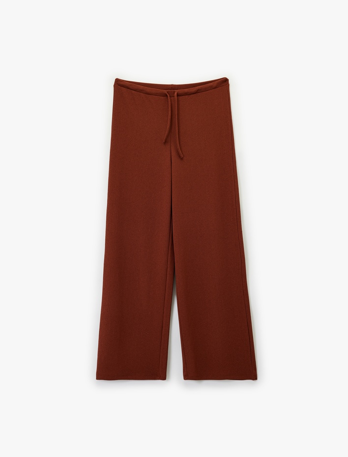  Beli Lastikli Bağlamalı Dokulu Uzun Geniş Paça Pantolon